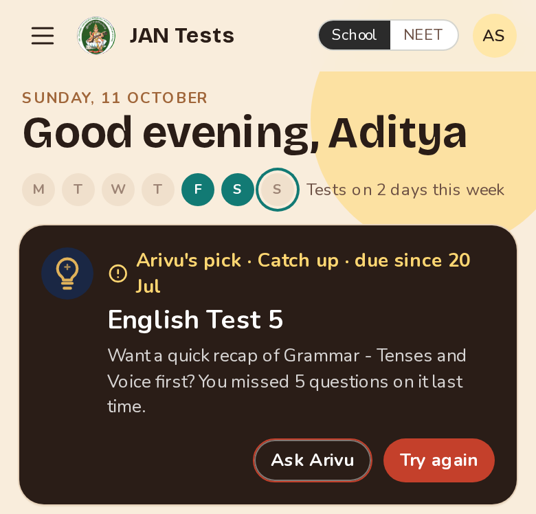 The student home page, where Arivu suggests a quick recap before retaking a test