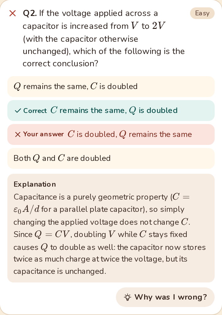 A wrong answer in a Physics test review, with the worked explanation and a 'Why was I wrong?' button