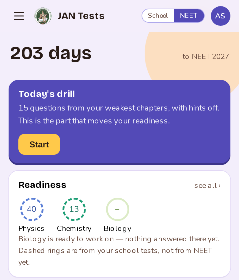The NEET practice home page in JAN Tests on a phone